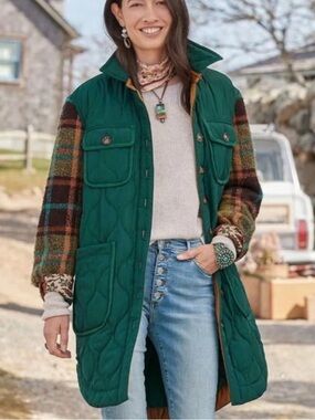 Sundance Wensley Quilted Long Plaid Sleeve Button Down Jacket Size L Teal Green